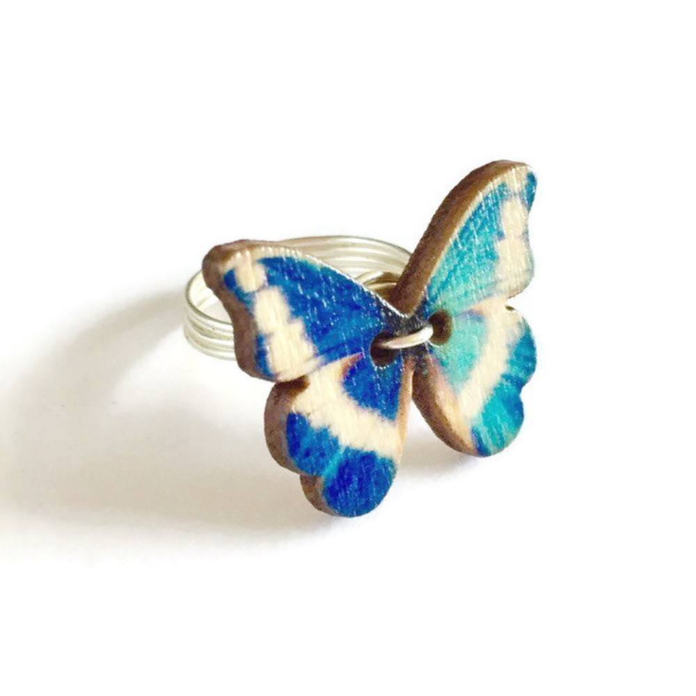 Blue & White Butterfly Button Ring - Handmade